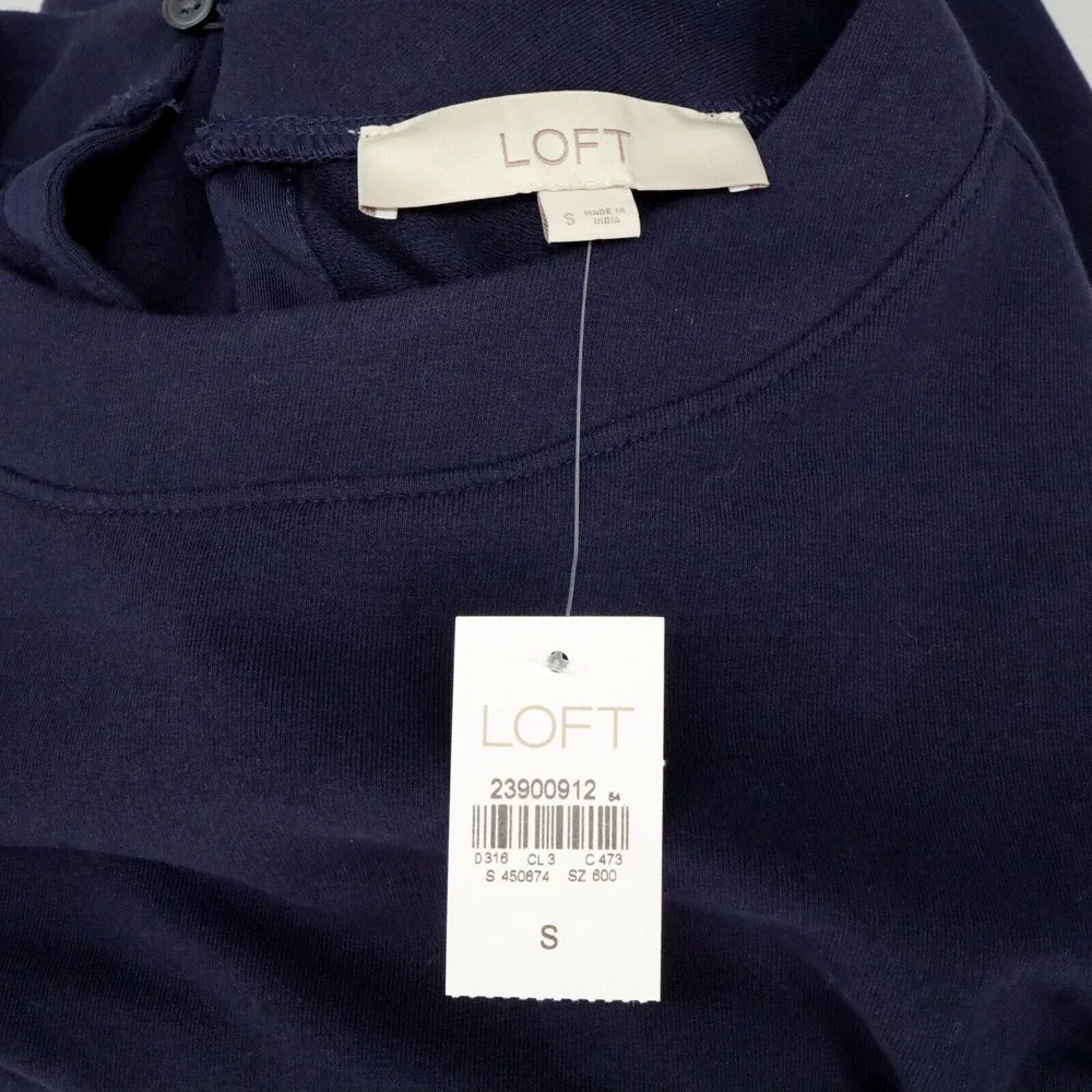 Loft Dress Womens Small Navy Blue Embroidered Bell Slv Stretch Cotton Knit New